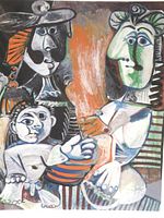 Close-up of the Picasso style cubist print showing the three abstract figures with distinct facial features and vibrant colors.
