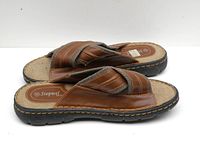 Side view of the brown and grey Stepwel Canada sandals showing the design and sole