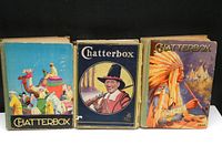 Three vintage Chatterbox books displayed side by side, showing colorful illustrations of the covers and signs of vintage wear.