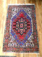 Full view of rug laid flat on wood floor showing overall design and condition