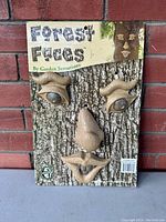 Front photo of the Forest Faces decoration set mounted on cardboard with a bark texture background, showing eyes, nose, and mouth pieces.