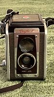 Front view of vintage Kodak Duaflex IV camera showing twin lenses and Kodet lens branding