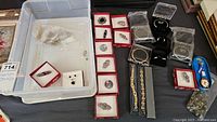 Wide view of assorted brooches, earrings, bracelets, and boxed items arranged on table and inside plastic bin.