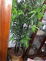 Full view of the faux tree showing green leaves and multiple dark stems in the wicker basket next to a glass cabinet.