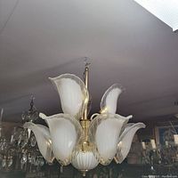 Brass chandelier with eight white Murano glass leaf-shaped shades arranged in a circular pattern around the central brass stem.