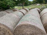 View of multiple round hay bales stacked outdoors on grassy land with trees and hills in background.