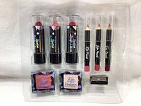 Full set of The Color Workshop makeup cosmetics laid in molded plastic tray, showing lipsticks, eye pencils, two eye primers, and sharpener