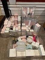 Overview of multiple clear bins filled with boxed Mary Kay skincare and cosmetics items and some small tubes and jars.