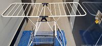 Photo of a white metal drying rack and stainless steel tier rack with multiple wire baskets in background, and the top of a black plastic garbage can visible at the bottom front.