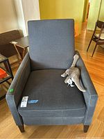 Front view of grey recliner showing seat, backrest, armrests, and a plush toy on the seat.