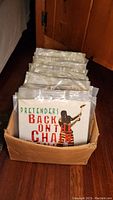 Photo of multiple vinyl 45s in plastic sleeves in a cardboard box, showing Pretenders' 'Back on the Chain Gang' single prominently
