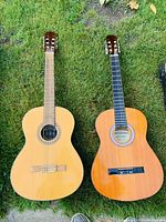 Top view showing two classical acoustic guitars side by side on grass. One guitar has a lighter wood finish, the other has a darker finish.