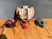 Overview of all five international cultural masks arranged on wooden surface against wall, showing full front faces and distinct designs.
