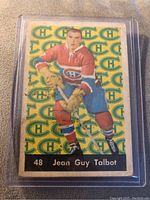 Front of card showing image of Jean Guy Talbot in Montreal Canadiens uniform with repeated 'CH' logo background and name at bottom.