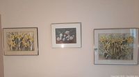 Overview of the three framed artworks hanging on a wall, showing the variety in floral themes and sizes