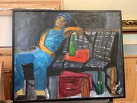 Full view of the framed oil painting showing a person on a checkered couch with a green bottle and several boxes.