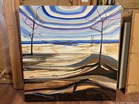 Full front view of the contemporary landscape oil painting on a 30x30 canvas showing the entire scene with leafless trees, shore, and blue horizon under a stylized sky.