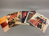 Overview of all seven vinyl record albums laid out in a row showing album cover art and wear.