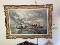Full view of framed painting showing busy harbour with ships and tugboats under cloudy sky