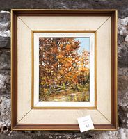 Frontal view of the vintage framed oil painting by Florence Hutton depicting autumn trees and a farm lane.