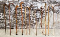 Photo showing 10 antique and vintage wooden canes and walking sticks arranged upright against a stone wall. Canes show variety of wood types, handles and textures with some featuring natural bark and knobby wood.