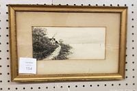 Full view of the framed drawing showing rustic house, laneway, and surrounding trees with original beige matte and gold frame.