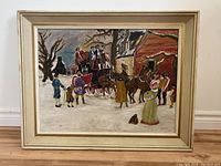 Full view of the framed painting showing a winter scene with people, horses, and carriage.