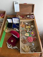 Various brooches and pins arranged in trays and cases on wooden surface