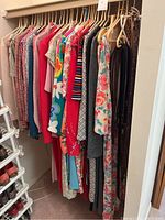 Closet rod with colorful hangers holding approximately 18 retro blouses, dresses and vests in various patterns