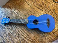 Front view of blue Beaver Creek ukulele showing the sound hole, strings, fretboard, and headstock