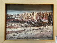 Close-up photo of mid-century modern abstract landscape painting signed by De Boise on the lower right, showing textured paint and color detail.