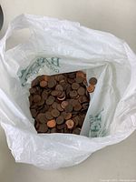 Top-down view showing the pennies inside the white plastic bag, revealing the quantity and color variations.