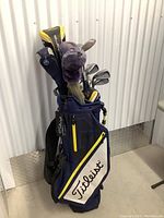Front view of Titleist stand bag filled with Cobra clubs