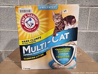 Box of Arm & Hammer Multi-Cat unscented clumping cat litter showing brand, product type, and cats graphics.