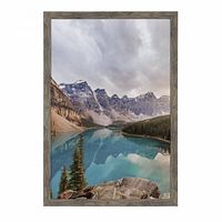 Full view of gray woodgrain poster frame with inserted landscape artwork showing size and appearance.