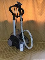 Full view of Rowenta Precision Valet clothes and drapery steamer showing the main unit, hose, and nozzle standing upright.