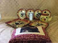 Photo showing all items in the rooster motif kitchen set: teapot, teapot cozy, rectangular platter, two luncheon plates, and four side plates