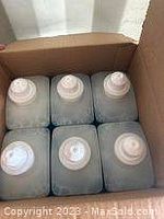 Six clear plastic bottles with white pump tops arranged in cardboard box