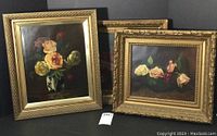 Overall view of three framed still life paintings: roses in vase, basket of strawberries, bowl of roses