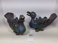 Pair of cloisonne bird boxes, showing both pieces facing forward and side by side, highlighting shape and color pattern.