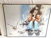 Frontal view of the large canvas showing the sad clown and birds, with artist signature visible