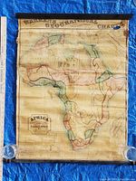 Full view of the antique scroll map of Africa laid flat on a blue tarp with wooden rods at top and bottom, showing the entire map including continental boundaries and physical features.