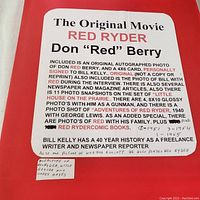 Photo of information sheet describing contents of scrapbook including original autographed photo, signed card, newspaper clippings, and other photos.