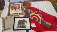 Photo showing the lithograph, Indian elephant art, fleece blanket, wicker basket, and metal filigree frame