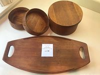 Photo showing all four wood serving pieces: large tray, large salad bowl with lid, two smaller bowls