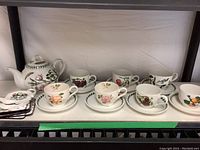 Full set showing 7 cups and saucers, teapot, and coasters with botanical floral designs.