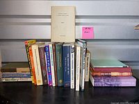 Front view of books showing visible titles including academic and literary works, assorted sizes and colors.