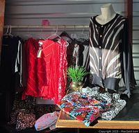 Wide view showing assortment of ladies' tops on hangers and folded on table, featuring a zebra animal print cardigan on mannequin, red and multicolor patterned tops.
