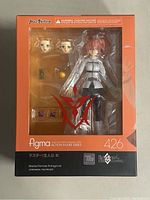Front of the boxed Figma 426 Max Factory Female Protagonist figure showing the figure, two alternate faces, some small accessories, and packaging details.
