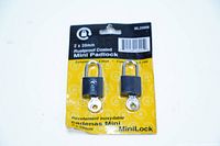 Front view of 2 mini padlocks on original retail card packaging, showing brand MiniLock and rustproof coating.